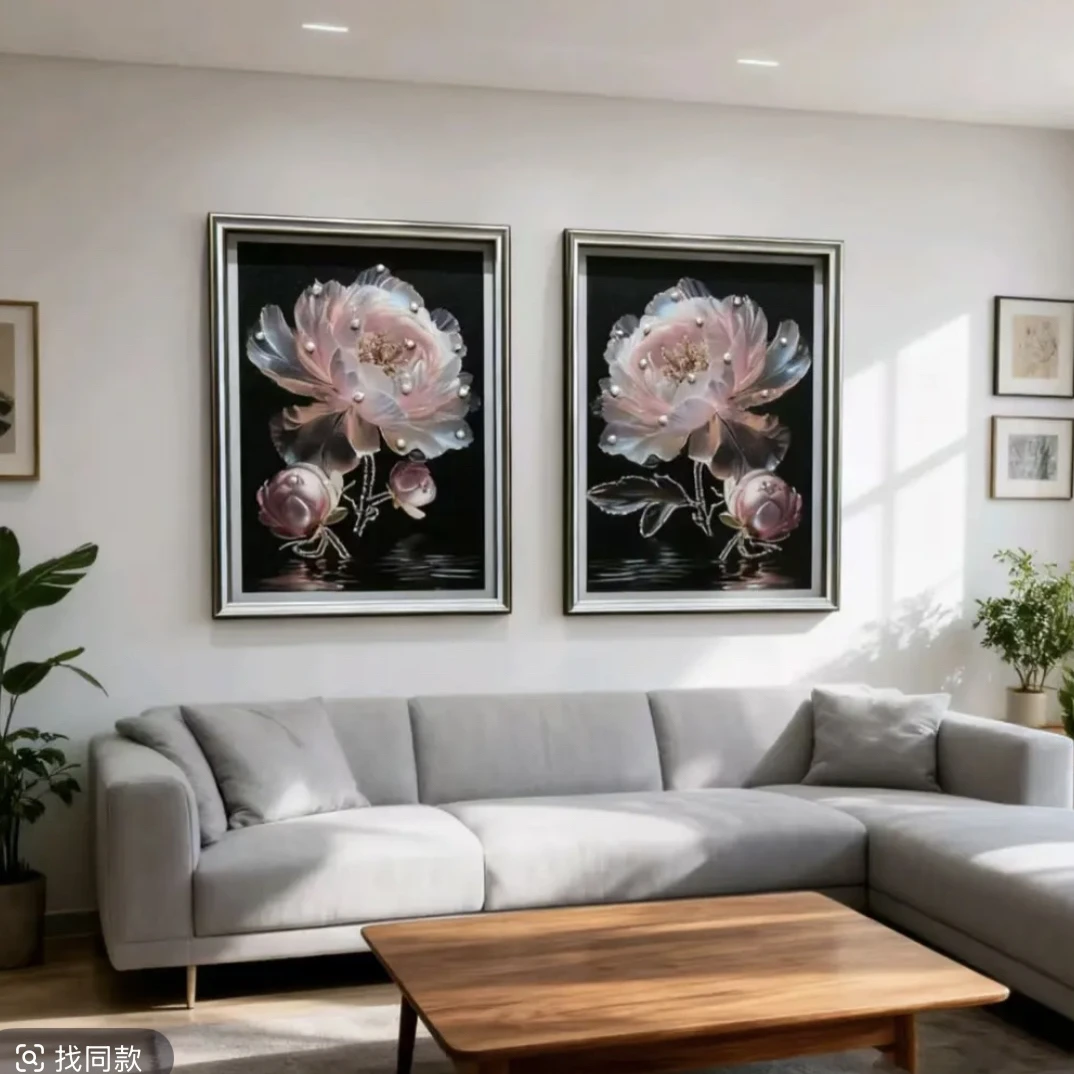 L08钢化玻璃牡丹花实物画简约花卉风格适合客厅卧室装饰