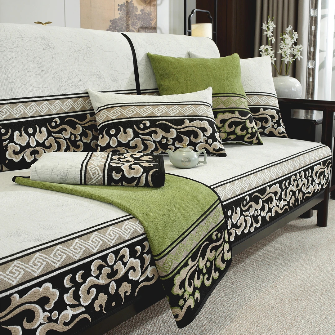 中古风防滑沙发垫国风印花中式轻奢现代垫子沙发靠背垫沙发套罩巾