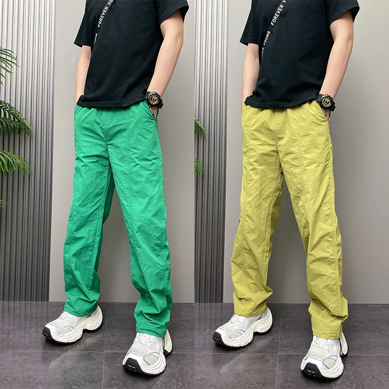 2025年夏季薄款潮牌韩版痞帅多巴胺纯色青年男士休闲直筒阔腿裤子