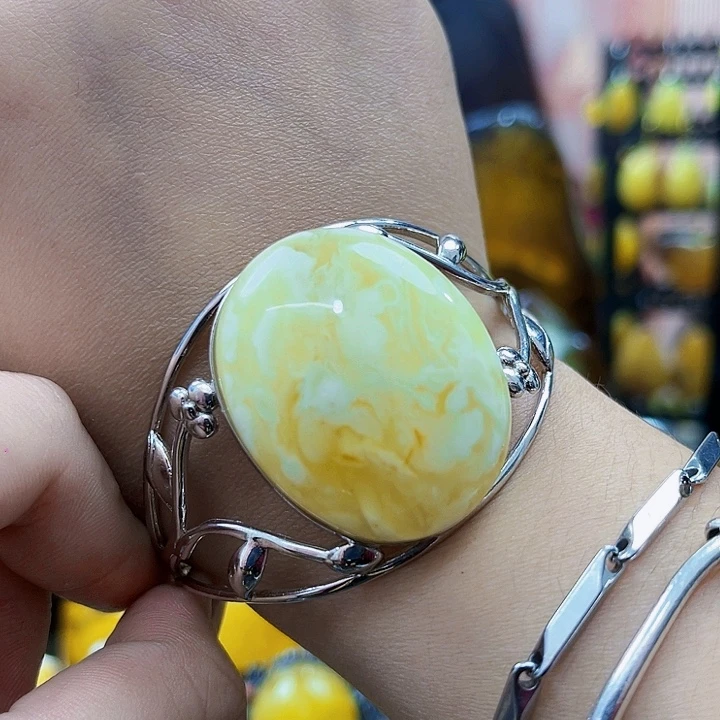 蜜蜡银S925镶嵌裸石手镯