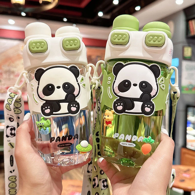 熊猫儿童水杯女生可爱双饮杯小学生便携塑料杯上学专用吸管杯子