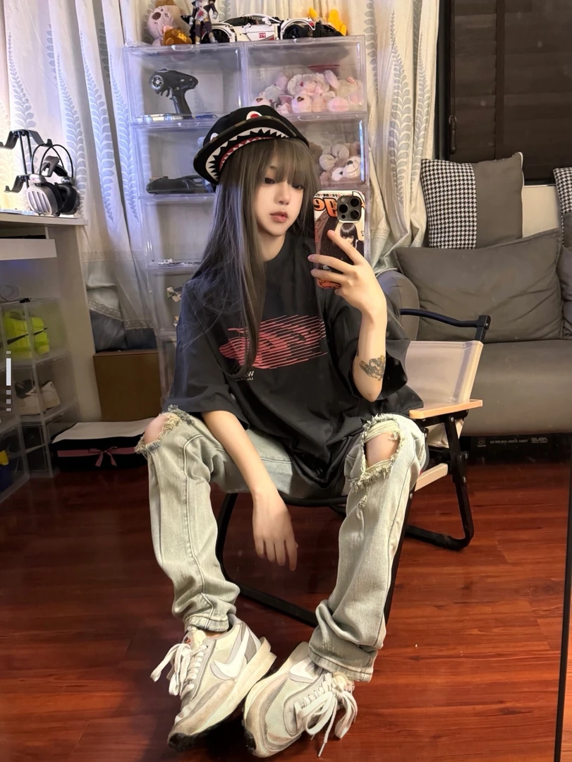 番茄园 美式复古字母印花宽松圆领短袖 男女同款DX047