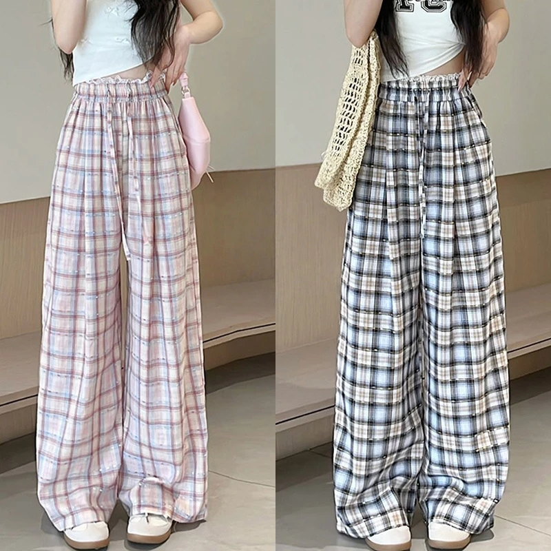 拼接设计蕾丝直筒女裤学生别致长裤夏天百搭格子时尚卫裤运动慵懒