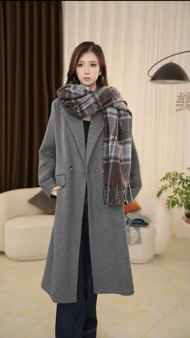 2025新款女士冬季时尚设计师黑色百搭气质轻奢长款羊毛大衣