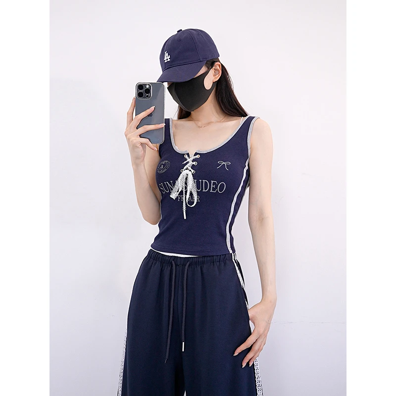 2025夏季新款字母背心女时尚蕾丝边ins设计感无袖运动显瘦上衣女t