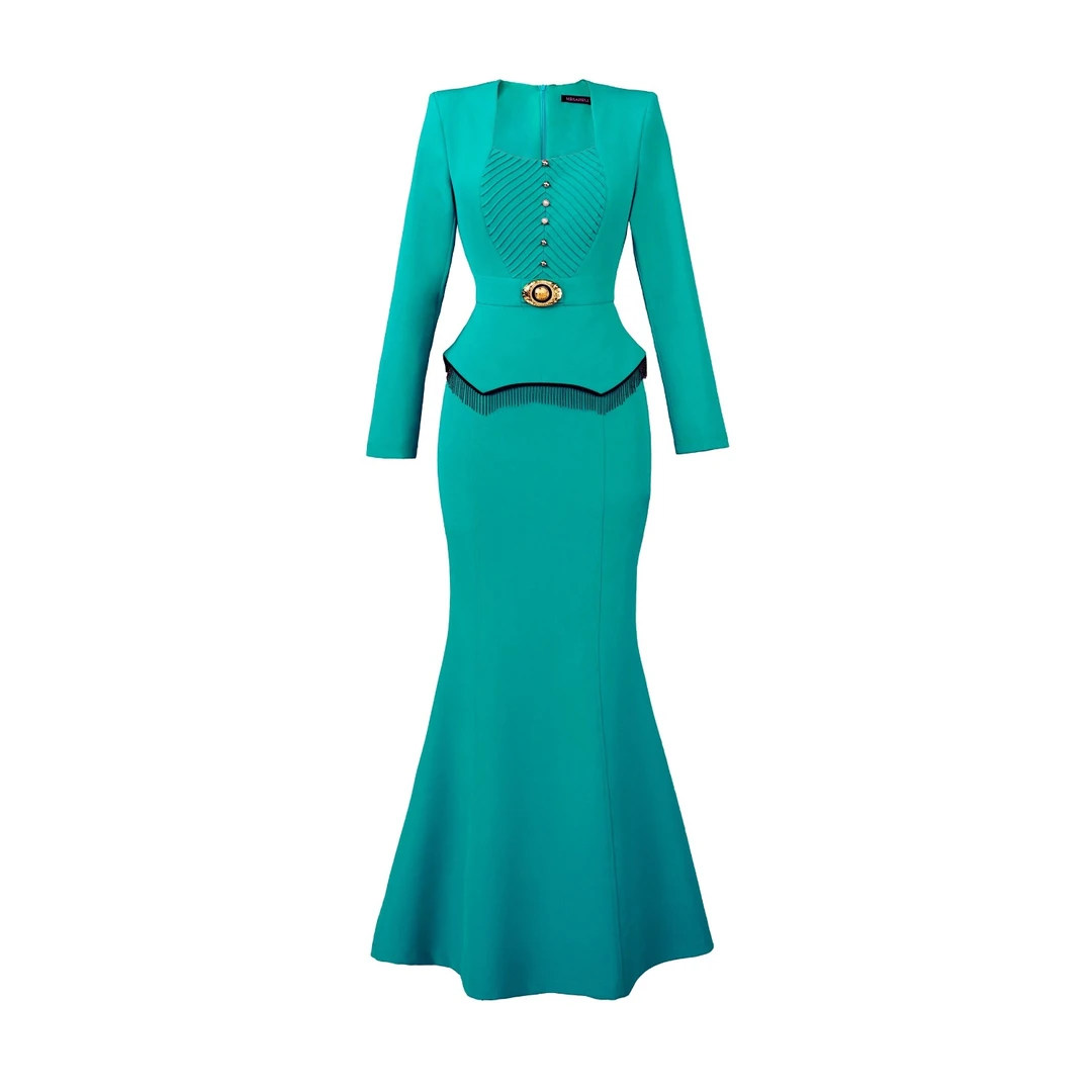 MESAHELI/曼莎赫琳 气质长袖轻奢修身设计师优雅显瘦连衣裙0231