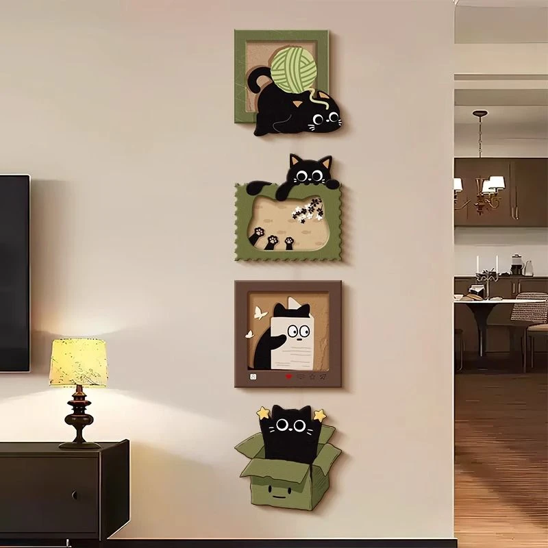 猫咪中古风玄关装饰画复古卡通动物电视背景墙挂画走廊过道墙壁画