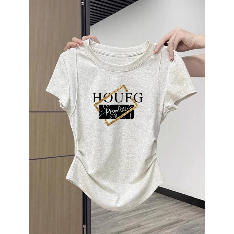 正肩短袖T恤女夏季新款修身显瘦不规则设计感短款小个子爆款上衣