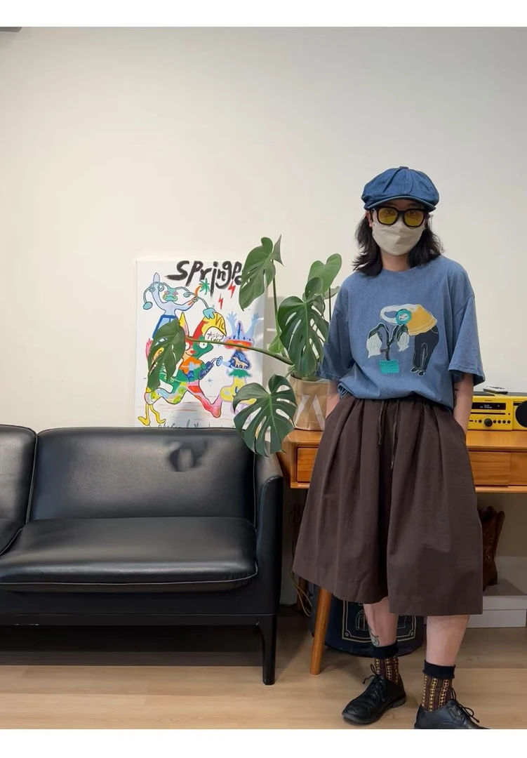 日系复古做旧炒色休闲刺绣短袖T恤