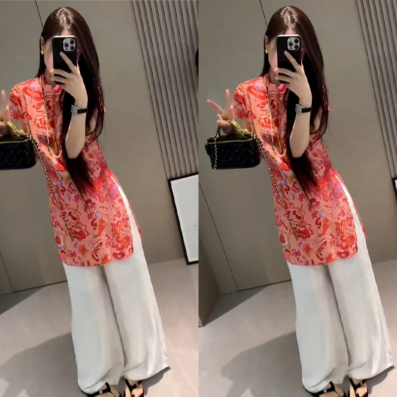 中式国风盘扣套装2025夏季新款改良旗袍上衣阔腿裤裤子两件套女