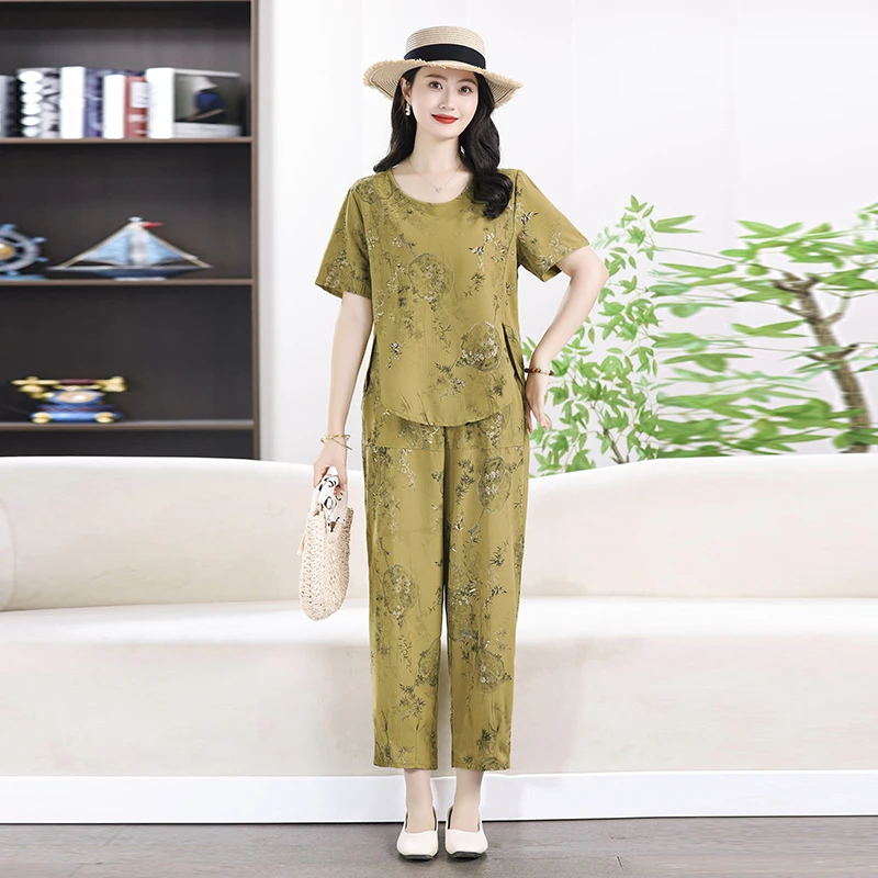 中老年女装夏季套装夏装短袖T恤九分裤妈妈装圆领套头两件套薄