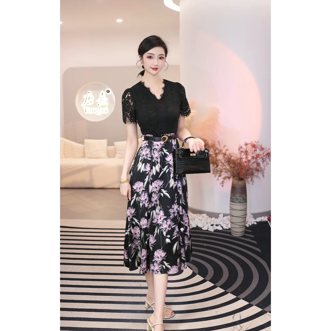 2025夏季新款【7528】高定轻奢设计款印花拼接蕾丝假两件黑色连衣裙