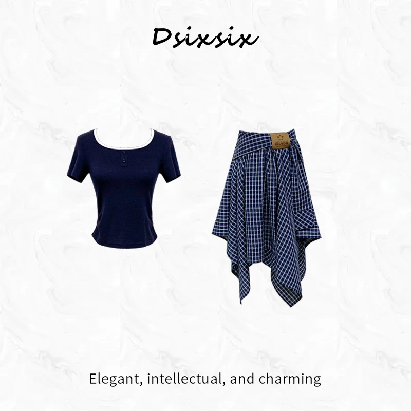 Yeah Me-【黎明海岸】夏季新款时尚百搭不规则格纹显瘦半身裙套装女