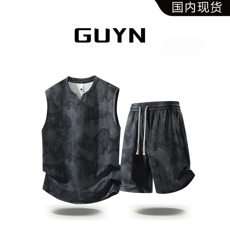 【品牌现货】GUYN时尚扎染休闲运动两件套宽松显瘦百搭短裤背心套装