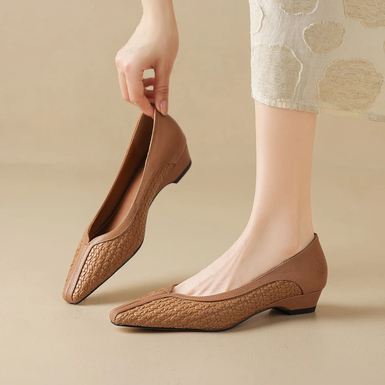3cm/羊皮/粗跟真皮单鞋女软底软面法式复古方头浅口百搭春秋女鞋