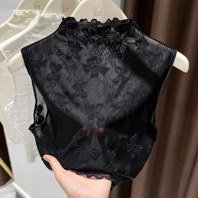 蕾丝假领子百搭女高档木耳边无袖背心修身内搭短款网纱高领打底衫