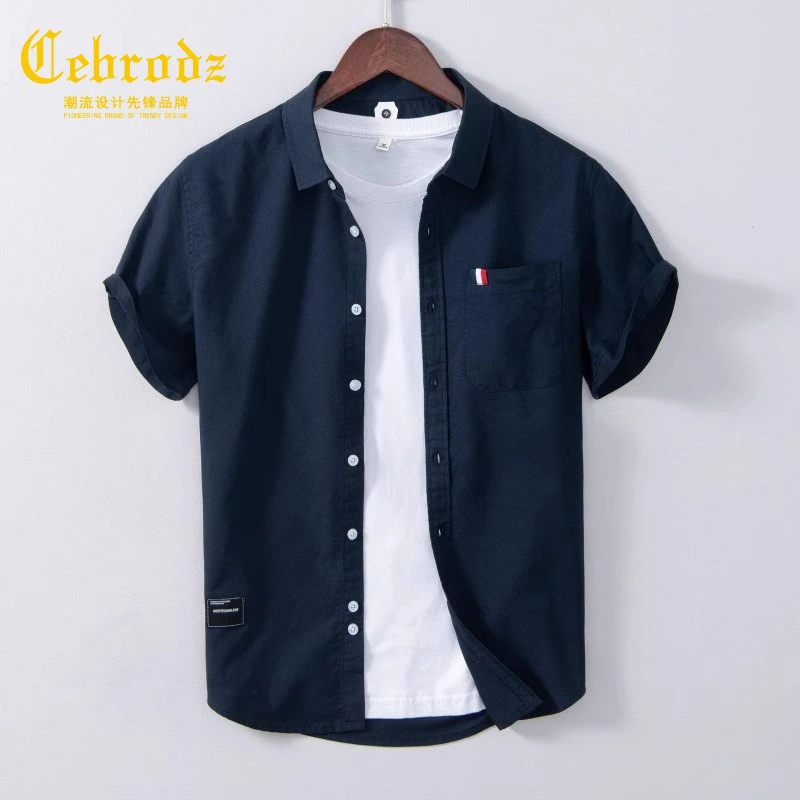 法国Cebrodz半袖白色短袖口袋衬衫男士夏季宽松青年透气纯棉衬衣