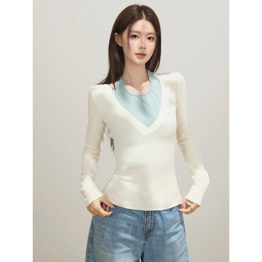 谢不肉 挂脖假两件撞色修身长袖T恤女秋韩版休闲时尚上衣50578