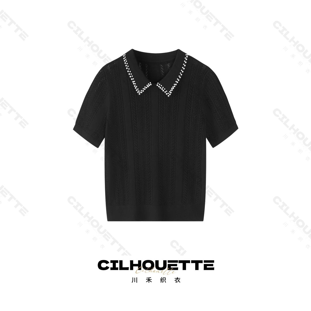 【清】川禾织衣 夏季时尚铰花钉珠翻领天丝短袖T恤洋气显瘦针织衫女