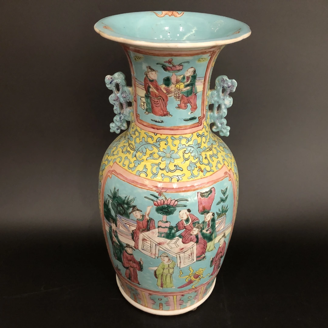 25091408 清同治粉彩开窗人物故事双耳赏瓶 高:43.5cm