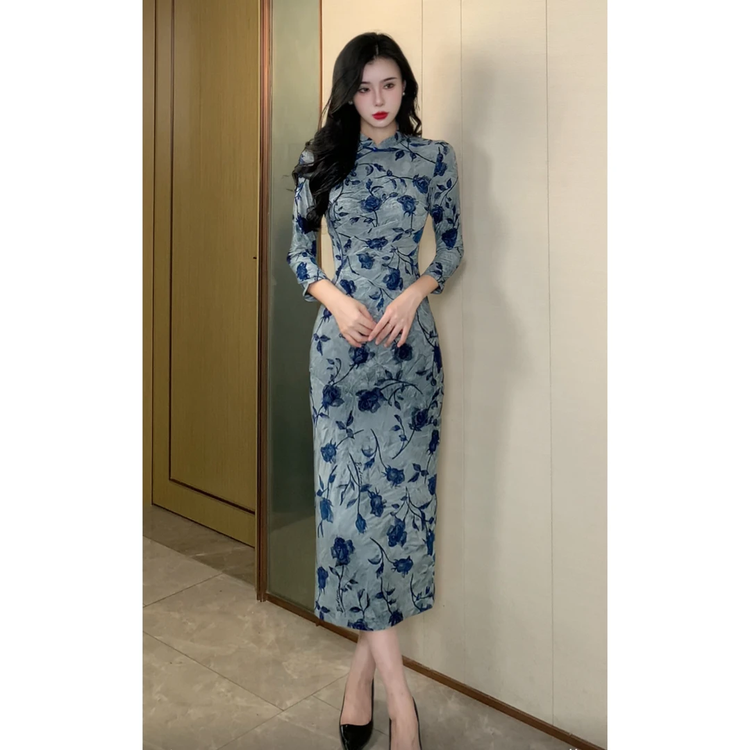 【婉瑜】玉簪记秋季新款长袖高弹力日常显瘦显白国风少女旗袍连衣裙