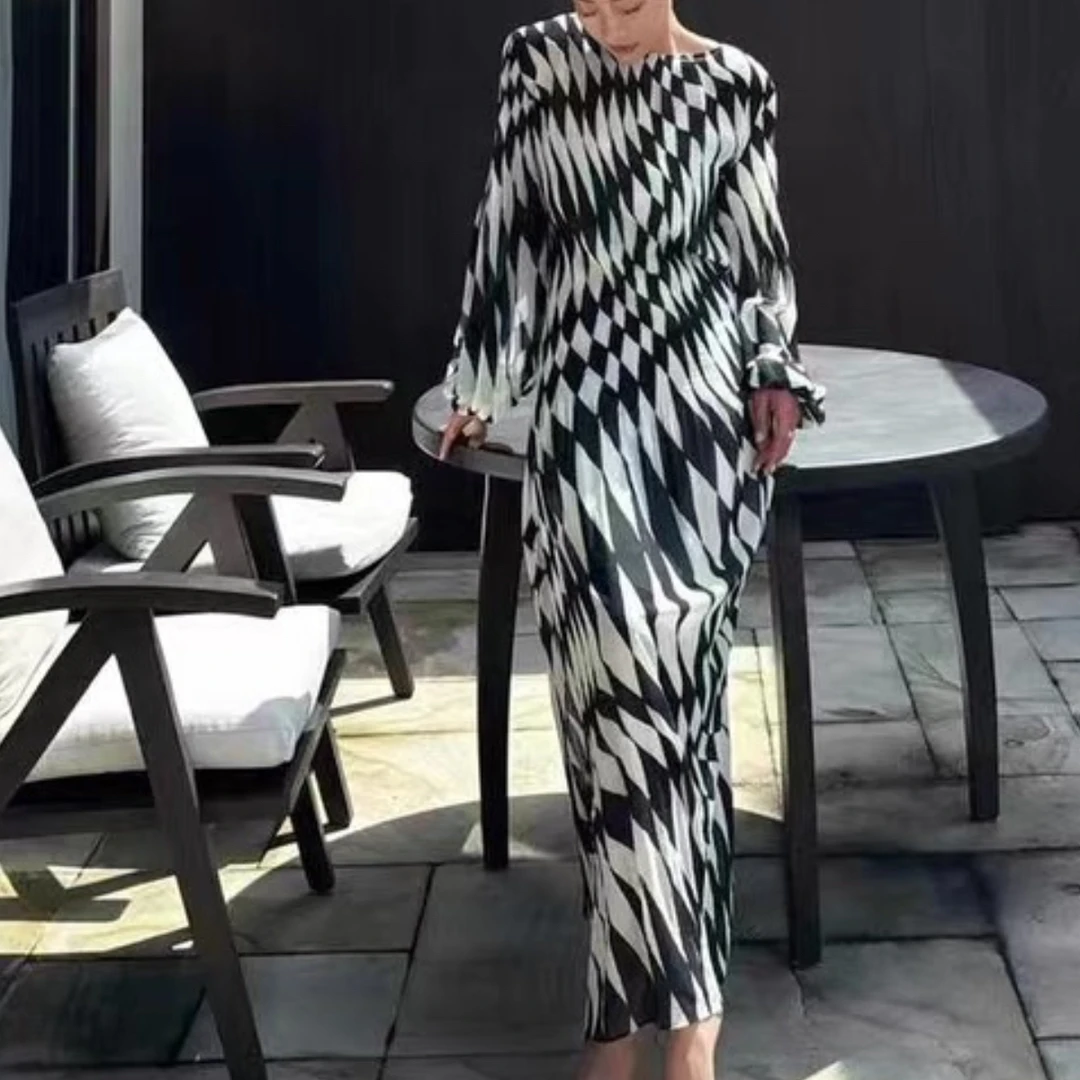 LELE设计款圆领千鸟格压驺连衣裙