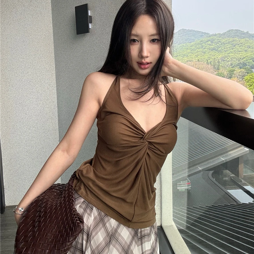 美式辣妹扭结v领挂脖吊带背心女春夏季新款修身性感露肩无袖上衣