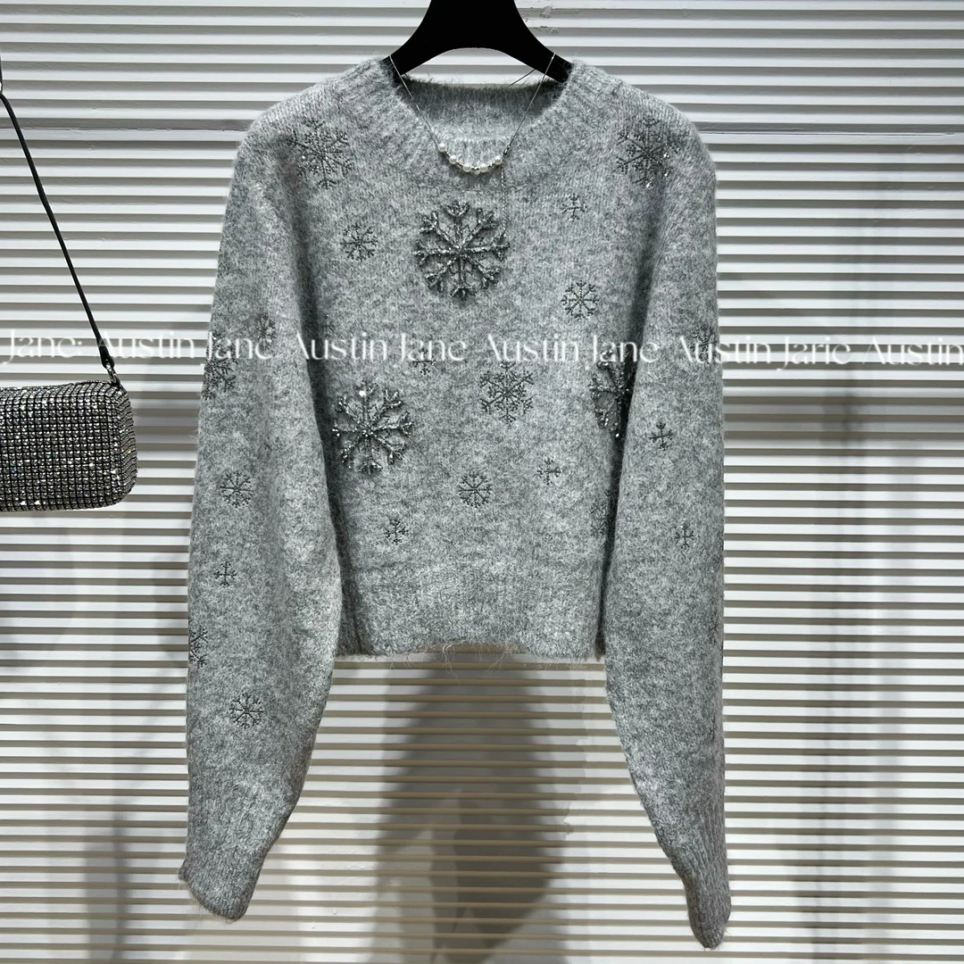 Jane Austin •（霜花）轻奢重工设计师百搭显瘦款长袖烫钻上衣女