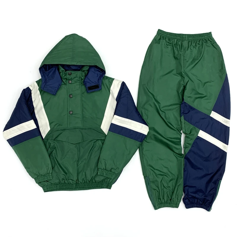 美式复古撞色拼接休闲运动套装男女宽松大码情侣款连帽棉衣外套潮