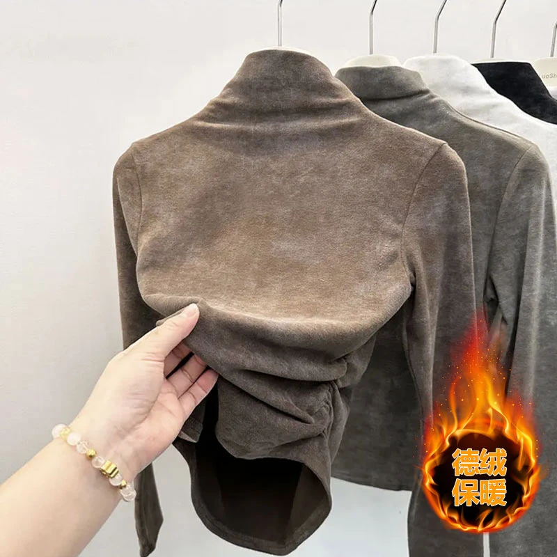 2025年新款小众正肩半高领褶皱收腰扎染长袖设计感德绒内搭上衣女