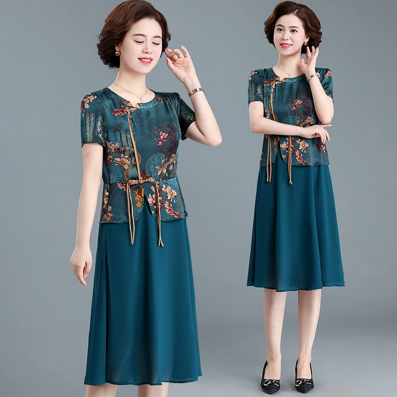 妈妈连衣裙中年女夏款中老年夏季复古改良旗袍裙子宽松显瘦