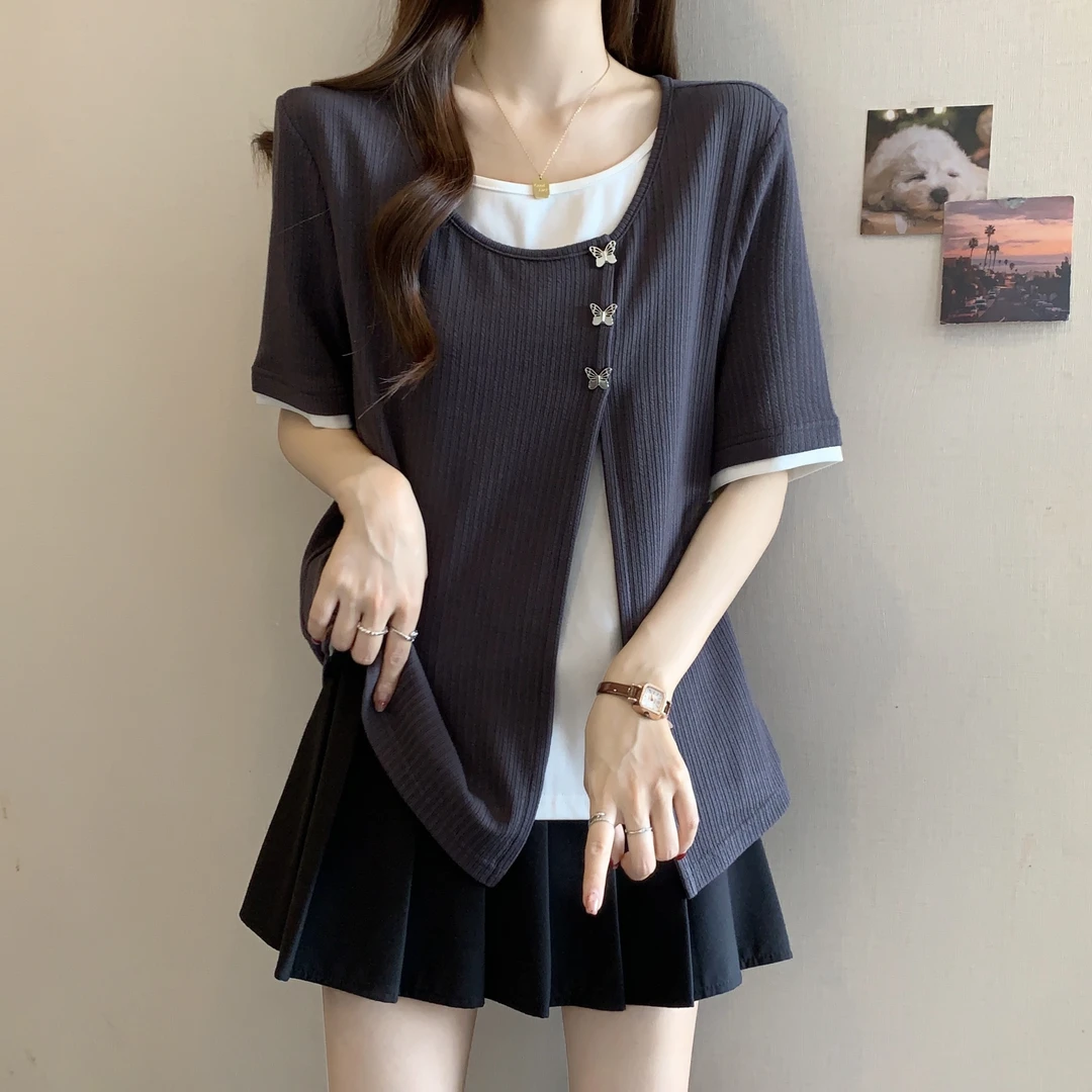 大码女装遮肚子显瘦假两件T恤女夏季胖MM遮肉正肩短袖设计感上衣