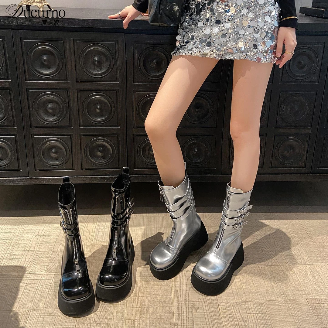 DUCURNO小个子厚底增高轻便马丁靴女前拉链皮带扣机车靴舒适短靴