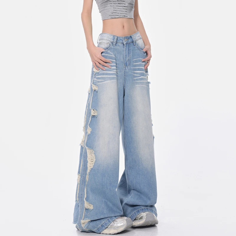 KEN STUDIO夏季新款复古浅蓝阔腿牛仔裤女破洞设计感直筒休闲裤子