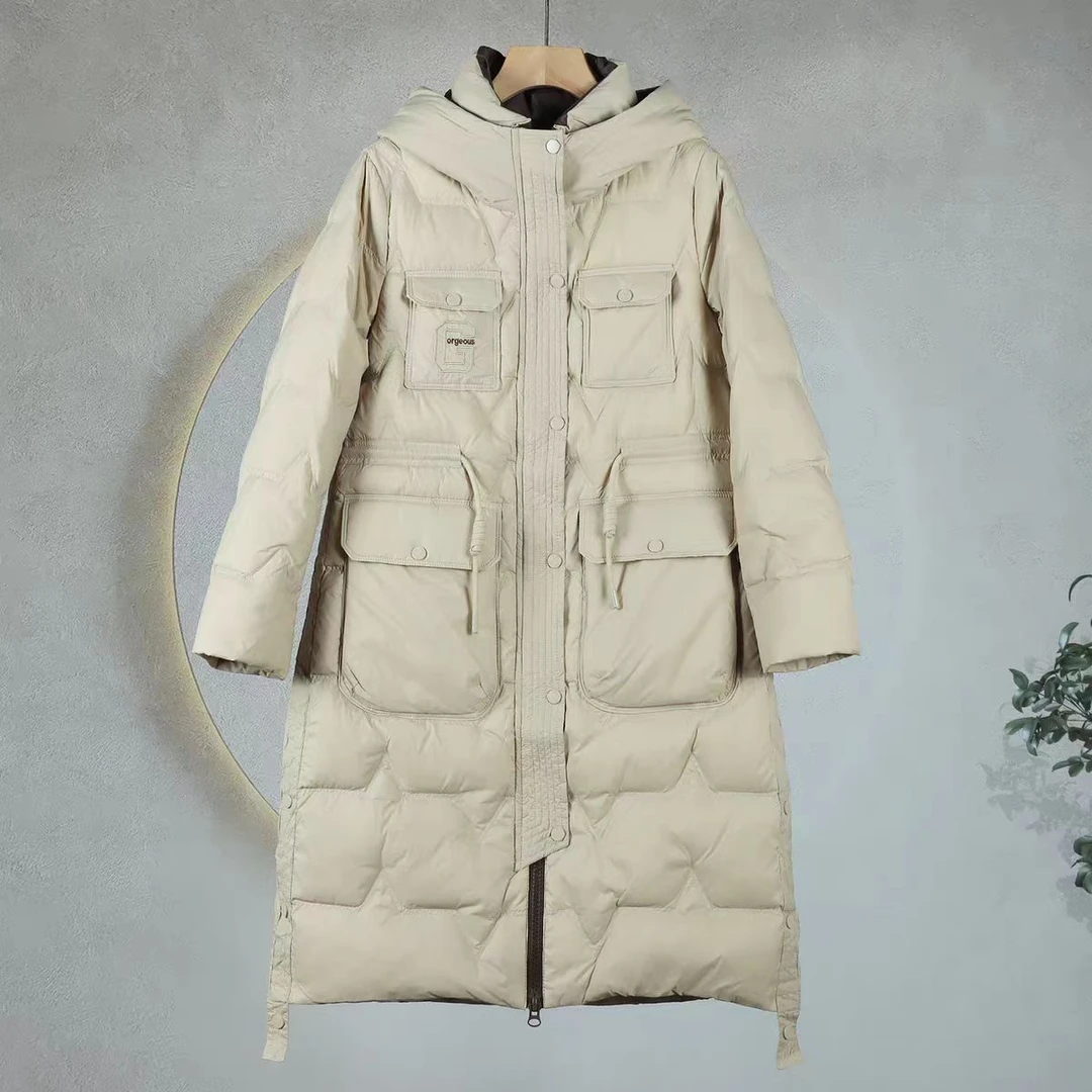 J555 冬季新款时尚气质长款连帽抽绳收腰显瘦羽绒服