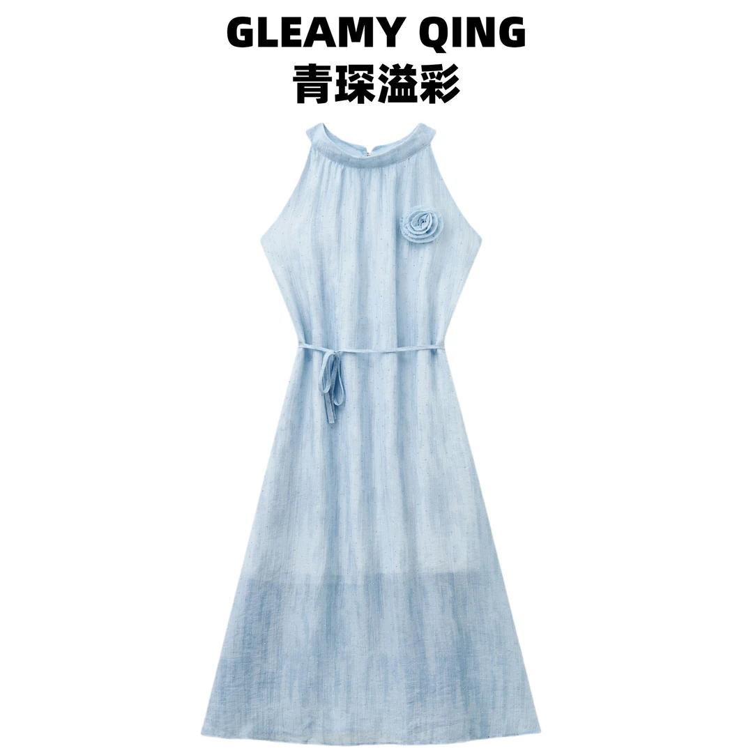 GLEAMYQING财阀千金气质显瘦时尚女装挂脖无袖连衣裙