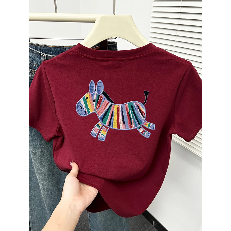 彩虹马卡通印花短袖t恤女春装新款韩版时尚休闲洋气别致显瘦上衣
