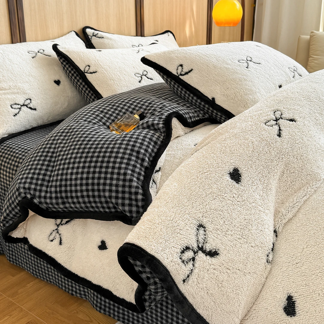 ins牛奶绒床上四件套简约蝴蝶结加厚保暖冬季毛绒床品舒棉绒被套