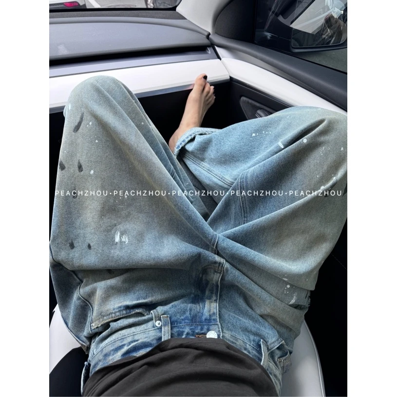 『PEACHZHOU』涂鸦点漆做旧水洗宽松直筒牛仔裤休闲设计感阔腿长裤