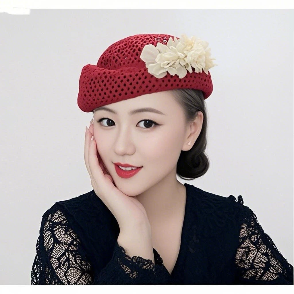 夏季镂空串花空姐帽时尚韩版女帽优雅气质贝雷帽甜美个性网红帽子