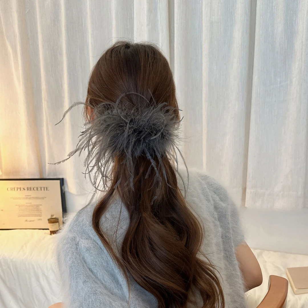 超仙羽毛扎高马尾香蕉夹发夹女2025新款高级感后脑勺气质竖式发卡