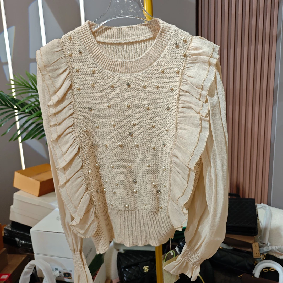 假两件2024春秋新款韩系减龄钉珠针织衫女设计感休闲百搭长袖上衣