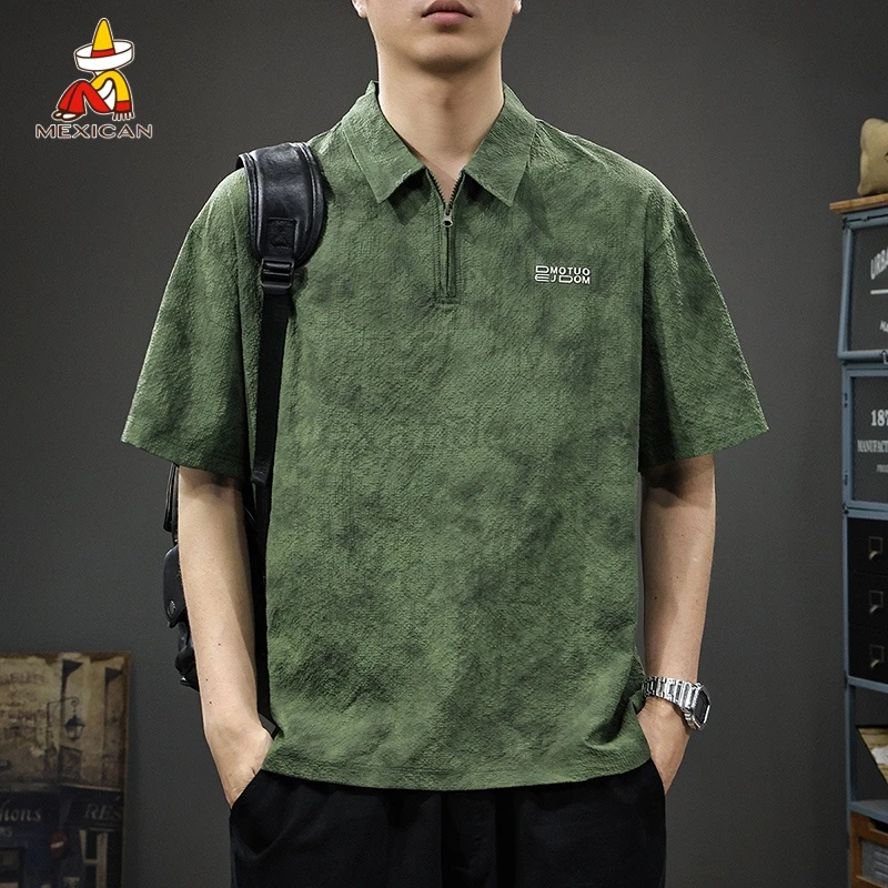 Mexican/稻草人夏季新款美式冰丝短袖polo衫男款宽松半袖衬衣薄款