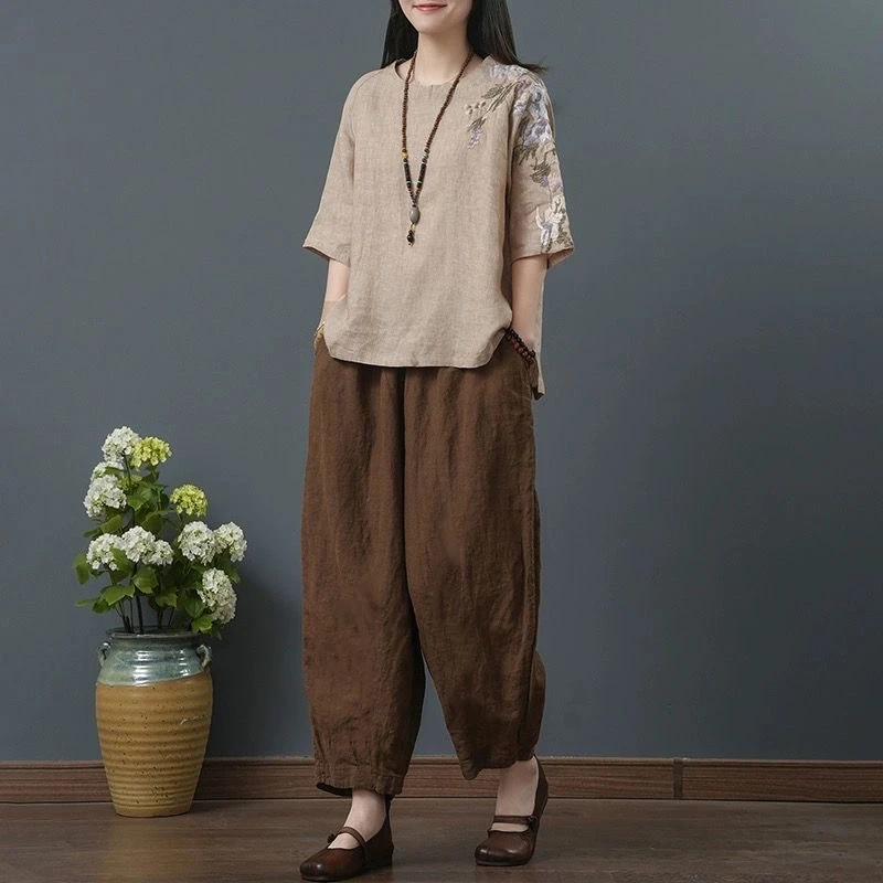 麻上衣女薄夏季民族风刺绣大码宽松文艺复古中式套装女装恤衫