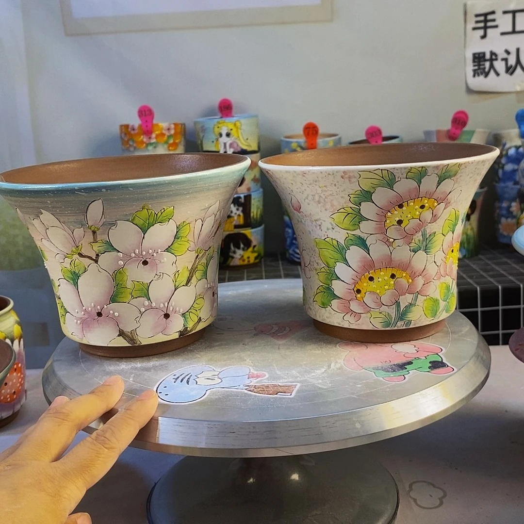 不***言紫砂花盆红陶手绘花盆