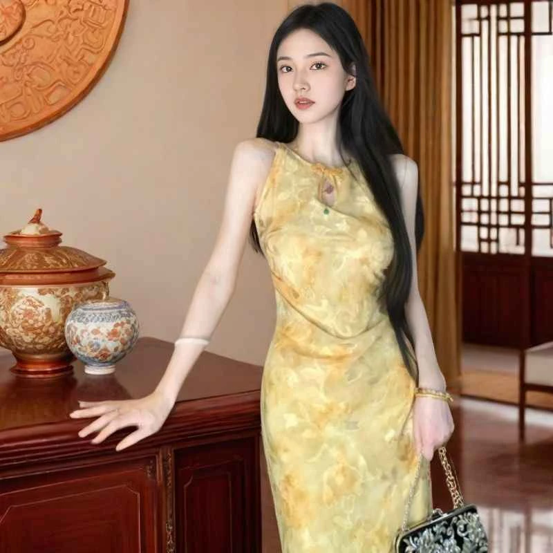 【9919】气质高级感好看独特漂亮大方得体新中式国风黄色旗袍连衣裙