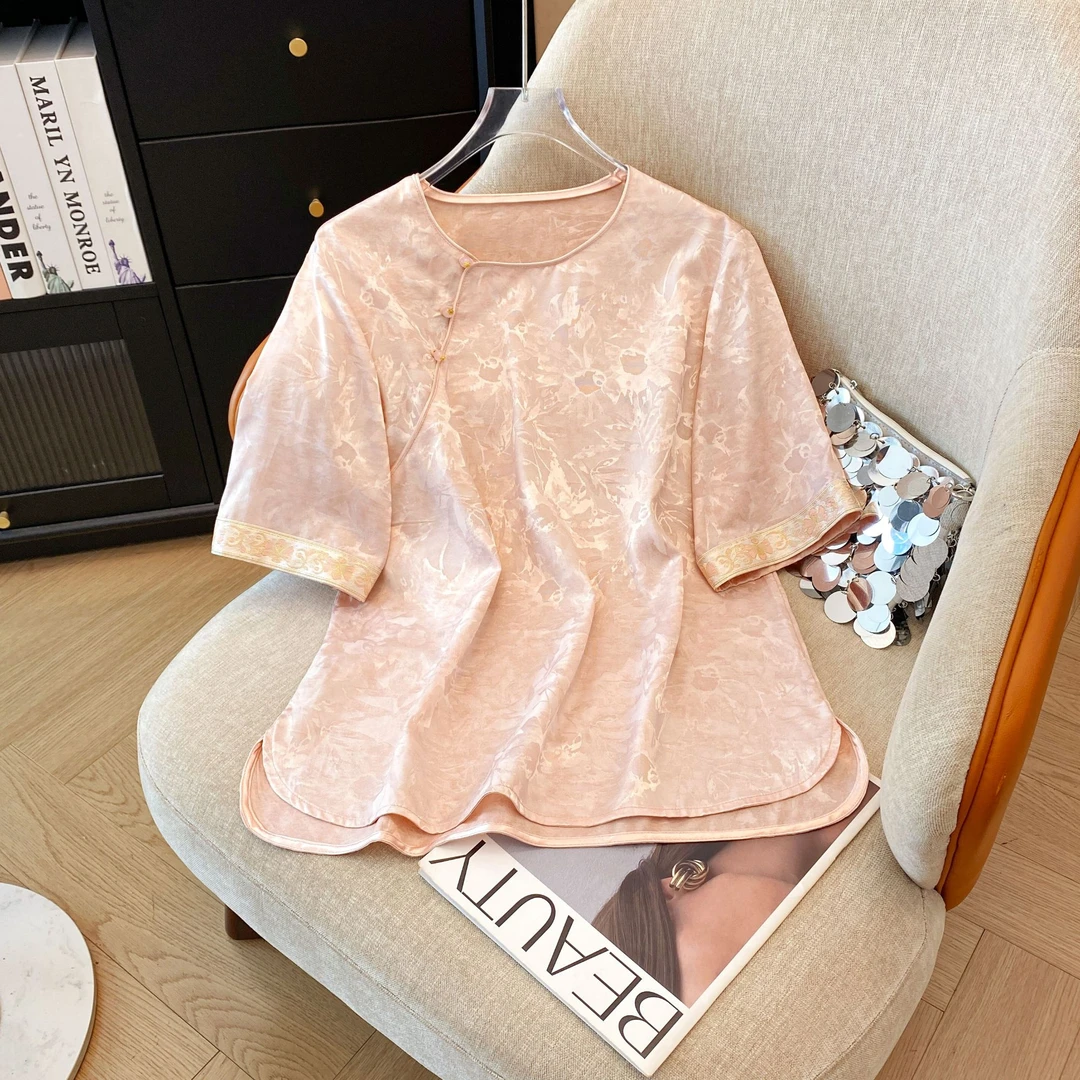 知性风温柔女装2025夏新款提花缎面短袖轻薄透气国风衬衫中式上衣