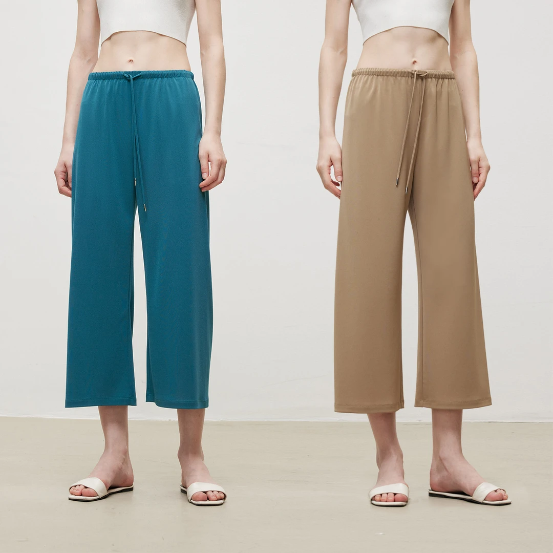 MARIUS醋酸宽松直筒松紧八分裤春夏女垂感修身空气裤薄款休闲裤