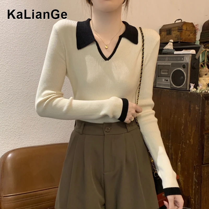 卡莲格/韩版POLO领气质正肩针织打底衫女秋季新款修身显瘦T恤上衣