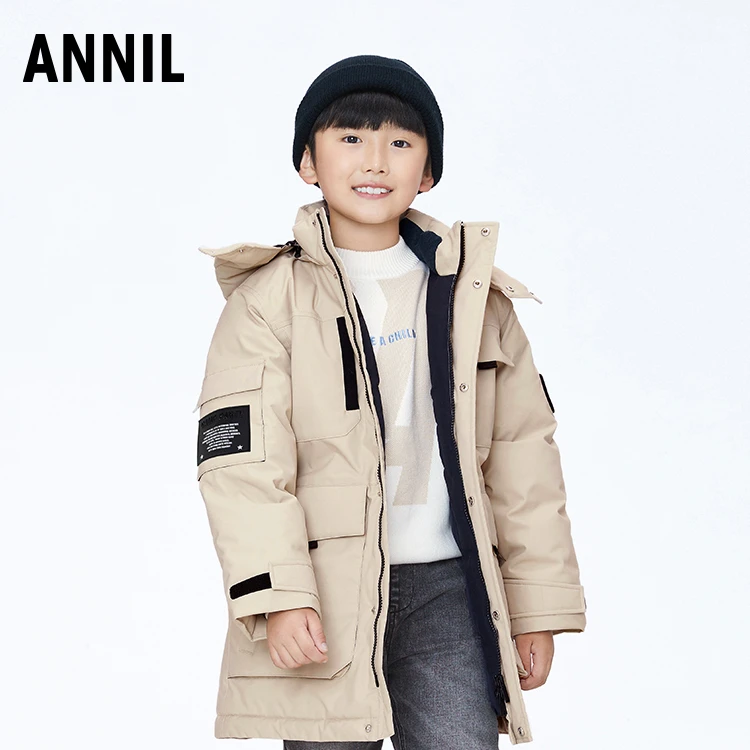 【极寒加厚】男童户外露营风羽绒服工装防风长款外套安奈儿AB345583